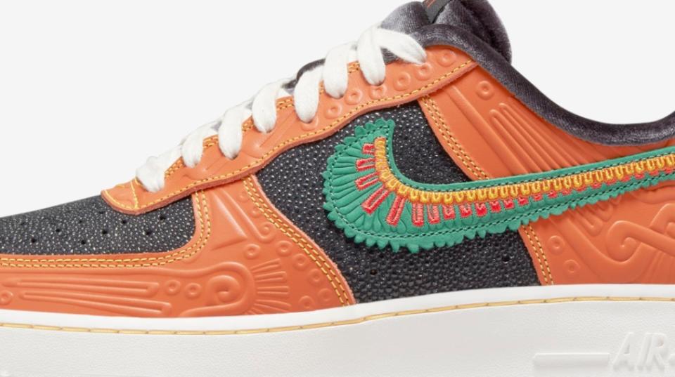 A close-up view of details on the Nike Air Force 1 Día de Muertos “Siempre Familia.” - Credit: Courtesy of Nike