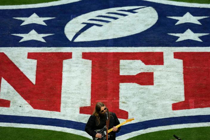 Recording artist Chris Stapleton performs the national anthem prior to the NFL Super Bowl 57 football game between the Kansas City Chiefs and the Philadelphia Eagles on Feb. 12, 2023, in Glendale.