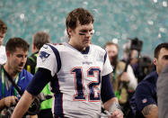 <p>New England Patriots quarterback Tom Brady (12) walks off the field after the NFL Super Bowl 52 football game against the Philadelphia Eagles, Sunday, Feb. 4, 2018, in Minneapolis. The Eagles won 41-33. (AP Photo/Chris O’Meara) </p>