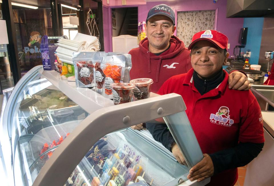 Ricardo and his wife Andrea De La Cruz are the owners of Peke's Ice Cream Paleteria & Neveria in the Waterfront Warehouse in downtown Stockton on Monday, Mar. 20, 2023.