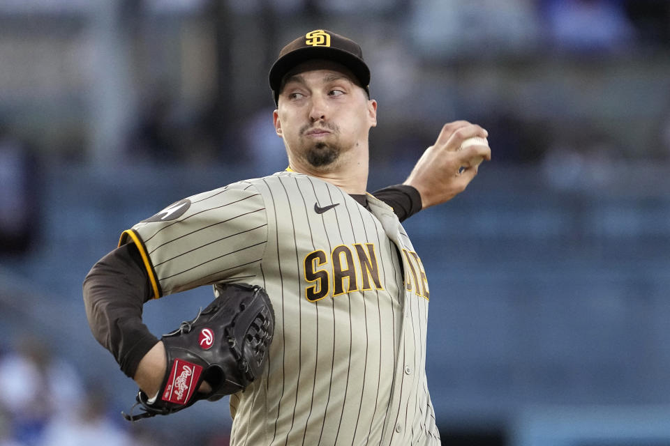 San Diego Padres starting pitcher Blake Snell throws to the plate during the first inning of a baseball game against the Los Angeles Dodgers Friday, May 12, 2023, in Los Angeles. (AP Photo/Mark J. Terrill)