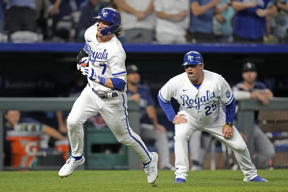 Kansas City Royals' Bobby Witt Jr. runs home to score after hitting an inside-the-park home run during the fifth inning of a baseball game against the Seattle Mariners Monday, Aug. 14, 2023, in Kansas City, Mo. (AP Photo/Charlie Riedel)