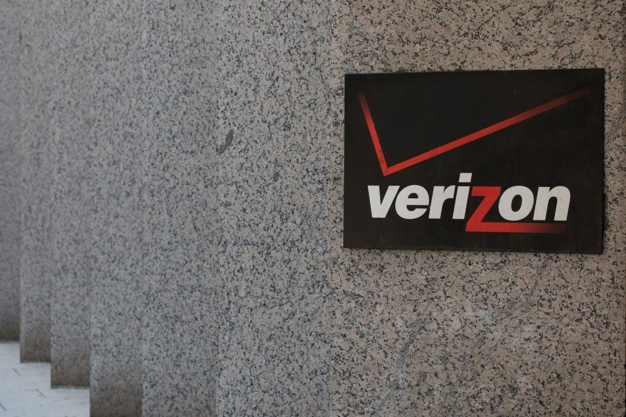 The Verizon logo is seen outside a building in Washington, DC.