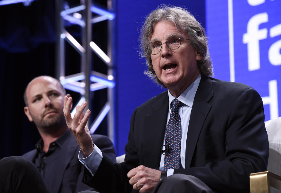 Facebook investor and venture capitalist Roger McNamee, right, addresses reporters as producer James Jacoby looks on during a panel discussion on the PBS Frontline special "The Facebook Dilemma" at the 2018 Television Critics Association Summer Press Tour at the Beverly Hilton, Tuesday, July 31, 2018, in Beverly Hills, Calif. (Photo by Chris Pizzello/Invision/AP)