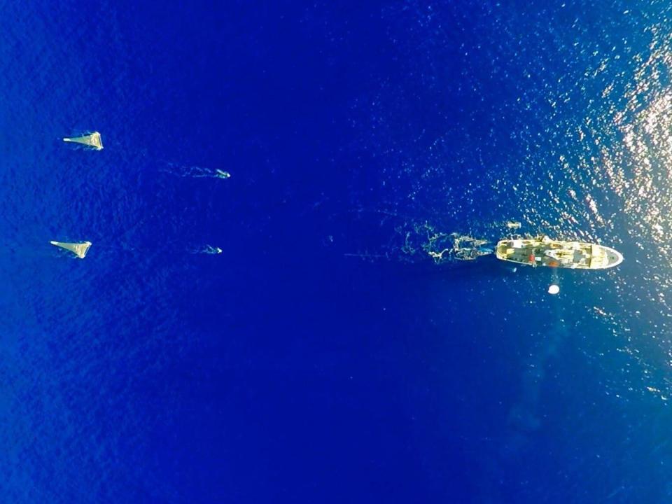 One of the vessels involved in the study collects data on plastic floating in the Great Pacific garbage patch (The Ocean Cleanup Foundation)