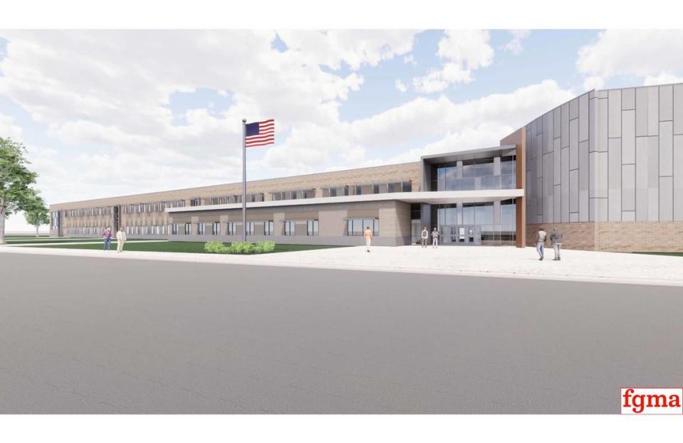 An exterior rendering of the new Cahokia High School at 815 Camp Jackson Road.