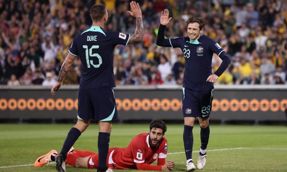 <span>The Socceroos have booked their spot in the next phase of the Asian World Cup qualification after defeating Lebanon twice in a week.</span><span>Photograph: Cameron Spencer/Getty Images</span>