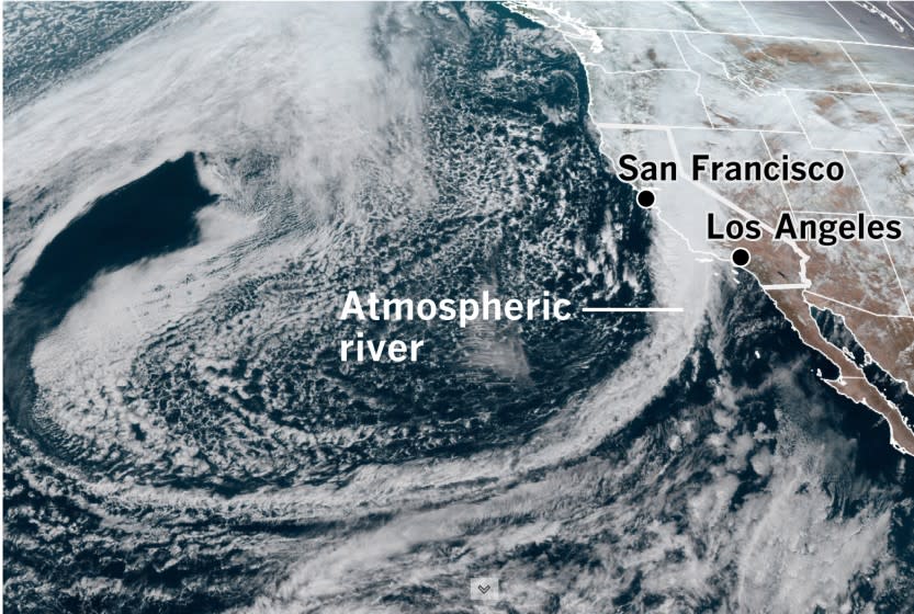 A satellite photo taken just before 2 p.m. Pacific Time showing a huge vapor plume stretching from the Central Pacific to the California Coast.