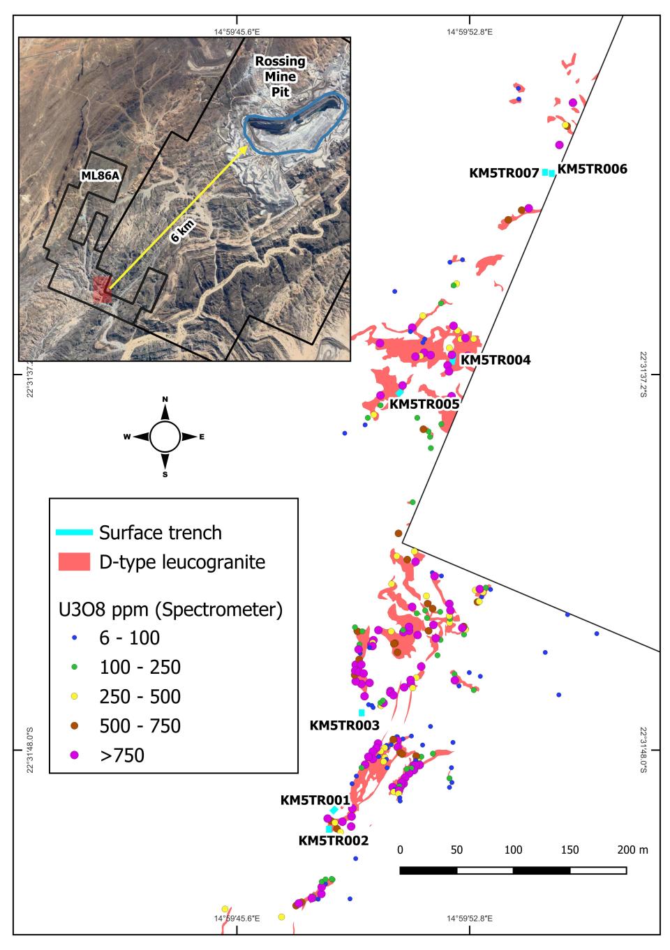 Figure 1: Location of Anomaly 5 and mapped D-type leucogranites at the Khan Project
