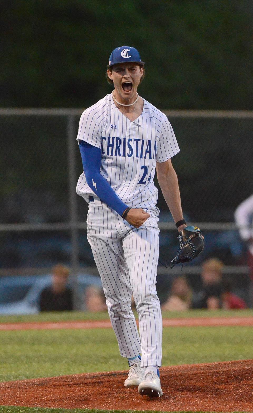 Screaming after an inning ending strikeout Charlotte Christian’s starting pitcher, #24, Grant Nicholson, heads back to the dugout. Metrolina Christian lead Charlotte Christian 3-0 after four innings. The Warriors of Metrolina Christian, sporting a perfect, 19-0 record, travel edto face off against the 14-5, Charlotte Christian Knights. The teams battled on Monday, April 15, 2024.