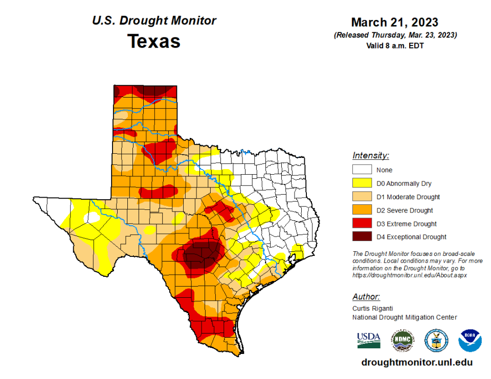 Drought conditions persist in the Texas Panhandle region, including Potter and Randall counties, according to the U.S. Drought Monitor.