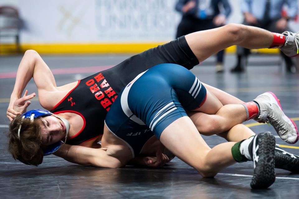 Hatboro-Horsham's Dom Morrison wrestles to a 2-1 decision and a gold medal at 107 pounds during the PIAA Class 3A Wrestling Championships.