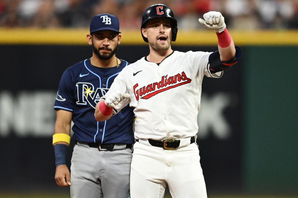 Sep 14, 2024; Cleveland, Ohio, USA; Cleveland Guardians center fielder Lane Thomas (8) celebrates after hitting a double during the sixth inning against the Tampa Bay Rays at Progressive Field. Mandatory Credit: Ken Blaze-Imagn Images