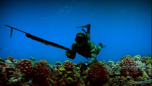 Ballard interviews spearfisher Kimi Werner, pictured here swimming with her speargun off of the Kona coast of the Big Island of Hawaii.