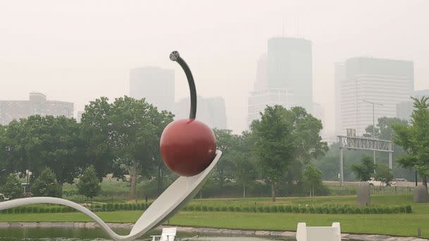 PHOTO: The skyline of Minneapolis covered by a haze of smoke originating from forest fires in Canada on June 14, 2023, in Minneapolis. (Steven Garcia/ZUMA PRESS)