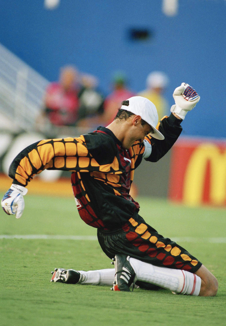 FILE - Bulgarian goalkeeper Borislav Mihaylov reacts after Bulgaria defeated Argentina 2-0 in their Group D World Cup first round game at the Cotton Bowl on June 30, 1994 in Dallas. Bulgaria’s chief prosecutor on Friday, Nov. 17, 2023, launched an investigation into the country’s Football Union’s management which aims to scrutinize the actions of its president, Borislav Mihaylov. The move follows the mass protests that gripped Bulgaria’s capital on Thursday night as several thousand soccer fans took to the streets to demand the resignation of Mihaylov. (AP Photo/Michael Probst)