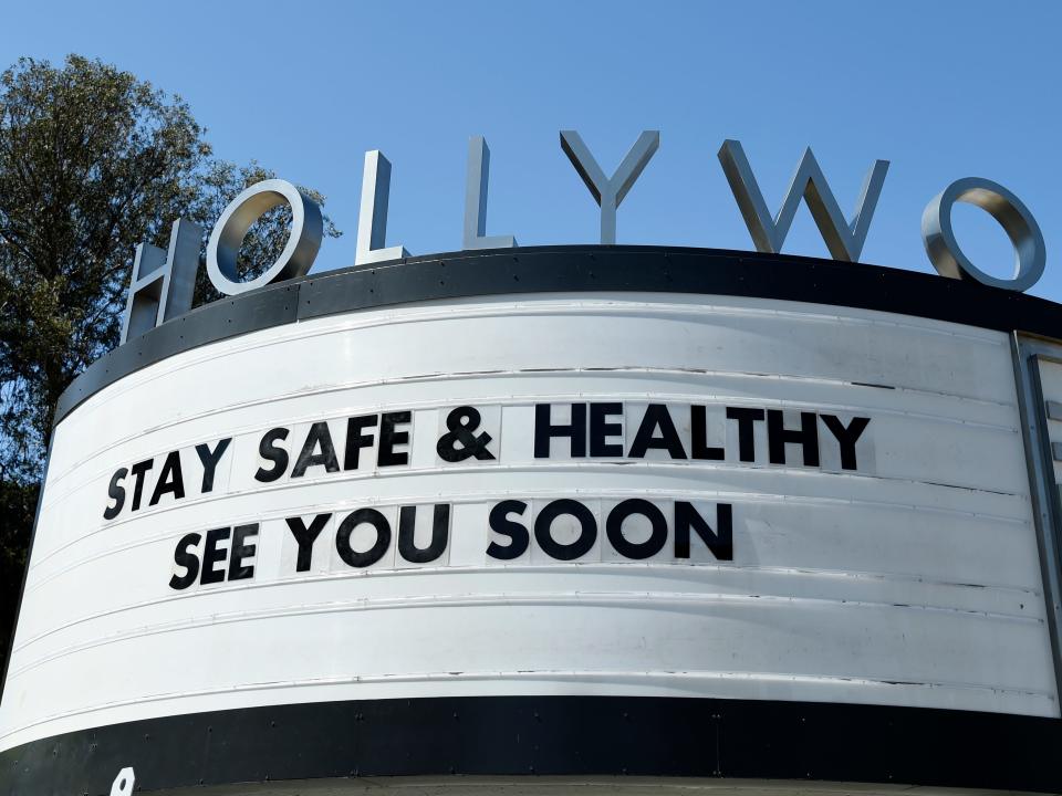 A marquee at the Hollywood Bowl concert venue bears a coronavirus-related message, Friday, March 27, 2020, in Los Angeles.