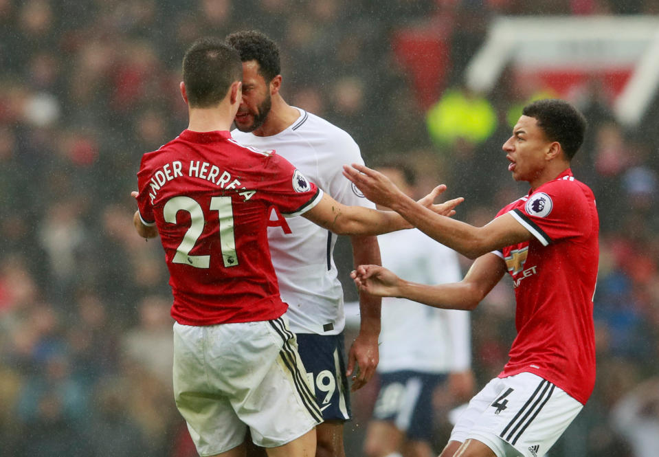 <p>Tottenham’s Mousa Dembele clashes with Ander Herrera while Jesse Lingard looks on</p>