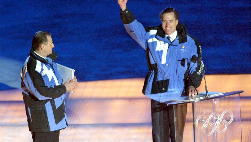 Mitt Romney speaks during the opening ceremonies of the Salt Lake 2002 Winter Olympic Games on Feb. 8, 2002.