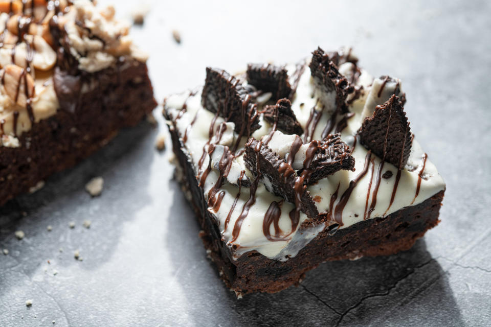 Brownies with frosting and Oreo topping