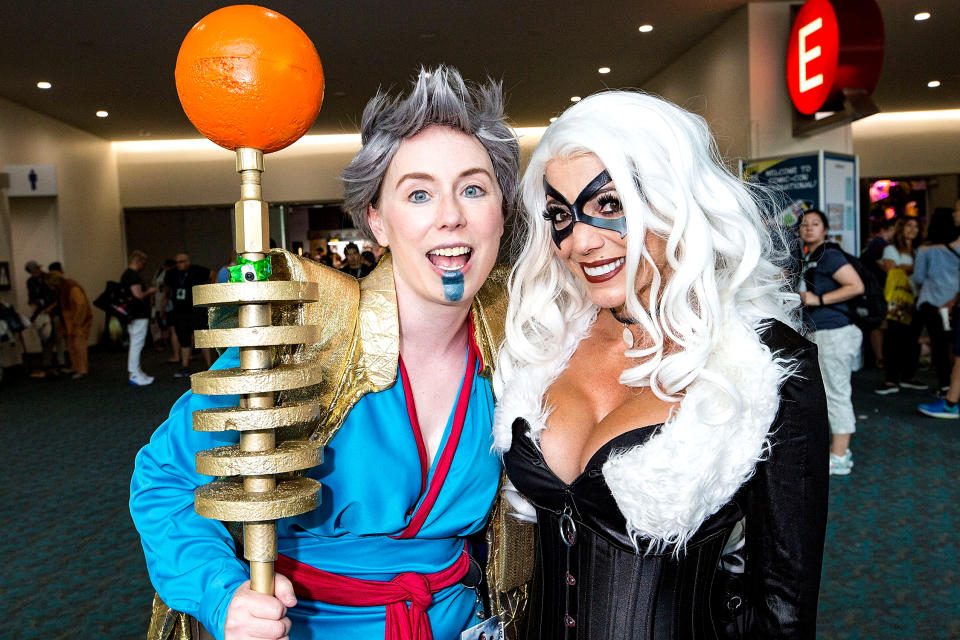 <p>Cosplayers dressed as Grandmaster of <em>Thor: Ragnarok</em> and Black Cat at Comic-Con International on July 19, 2018, in San Diego. (Photo: Daniel Knighton/FilmMagic) </p>