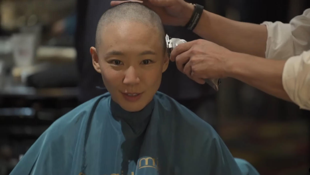 Julie Tan goes bald for new movie role. (Screengrab: mm2 Entertainment)