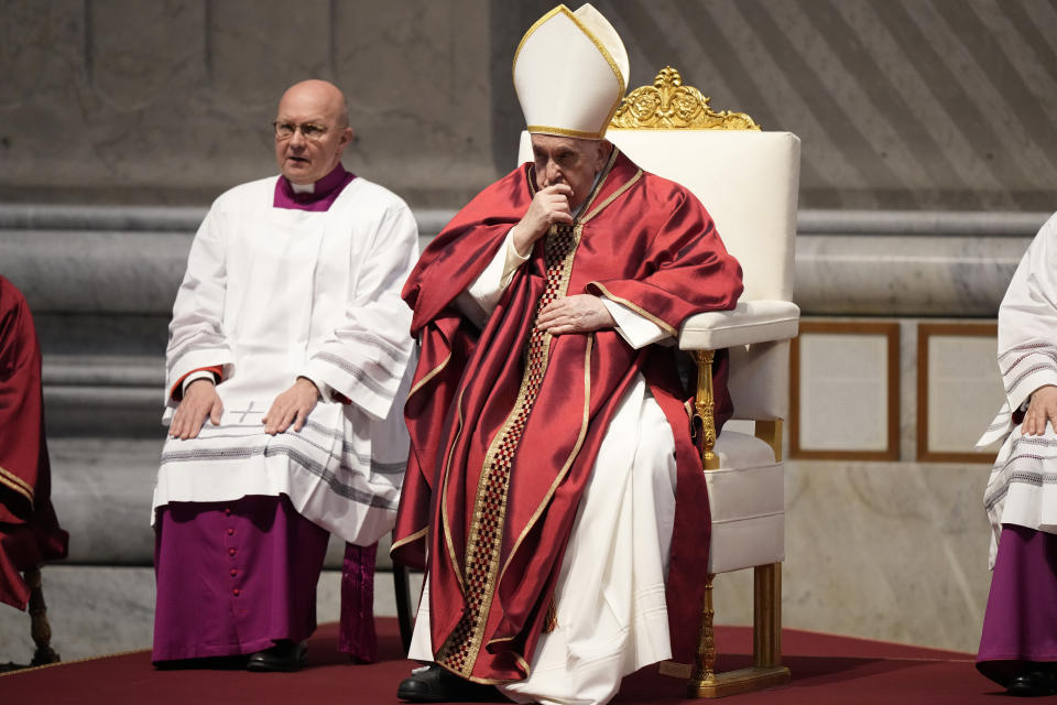 Pope Francis presides the Passion Mass on Good Friday, inside St. Peter's Basilica, at the Vatican, Friday, April 7, 2023. (AP Photo/Andrew Medichini)