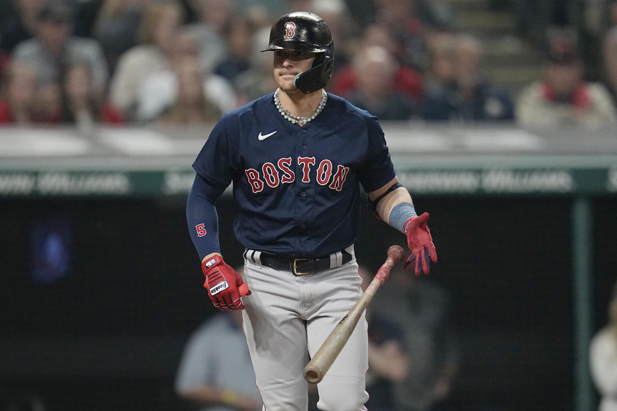 Kiké Hernández is one of the veteran players getting into the Polly necklace game. (AP Photo/Sue Ogrocki)