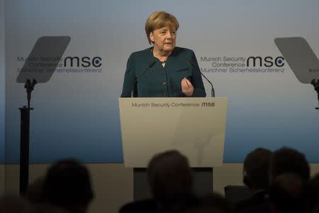 German Chancellor Angela Merkel speaks during the 53rd Munich Security Conference in Munich, Germany, February 18, 2017. Guido Bergmann/Bundesregierung/Handout via Reuters