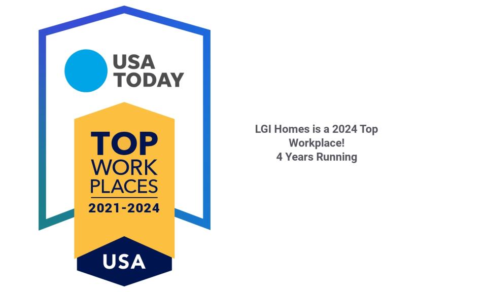 LGI Homes, one of the nation’s largest and most recognized homebuilders, received the 2024 Top Workplace USA award issued by Energage and USA Today. This is LGI Homes’ 4th consecutive year to receive this distinction.