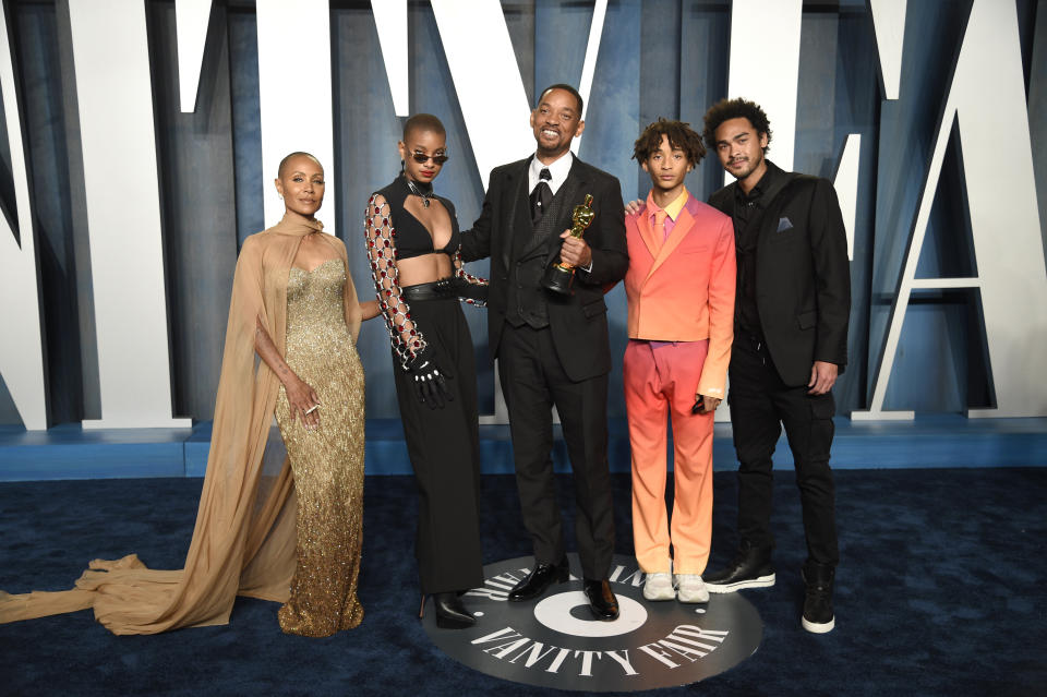 Jada Pinkett Smith, from left, Willow Smith, Will Smith, Jaden Smith and Trey Smith arrive at the Vanity Fair Oscar Party on Sunday, March 27, 2022, at the Wallis Annenberg Center for the Performing Arts in Beverly Hills, Calif. (Photo by Evan Agostini/Invision/AP)