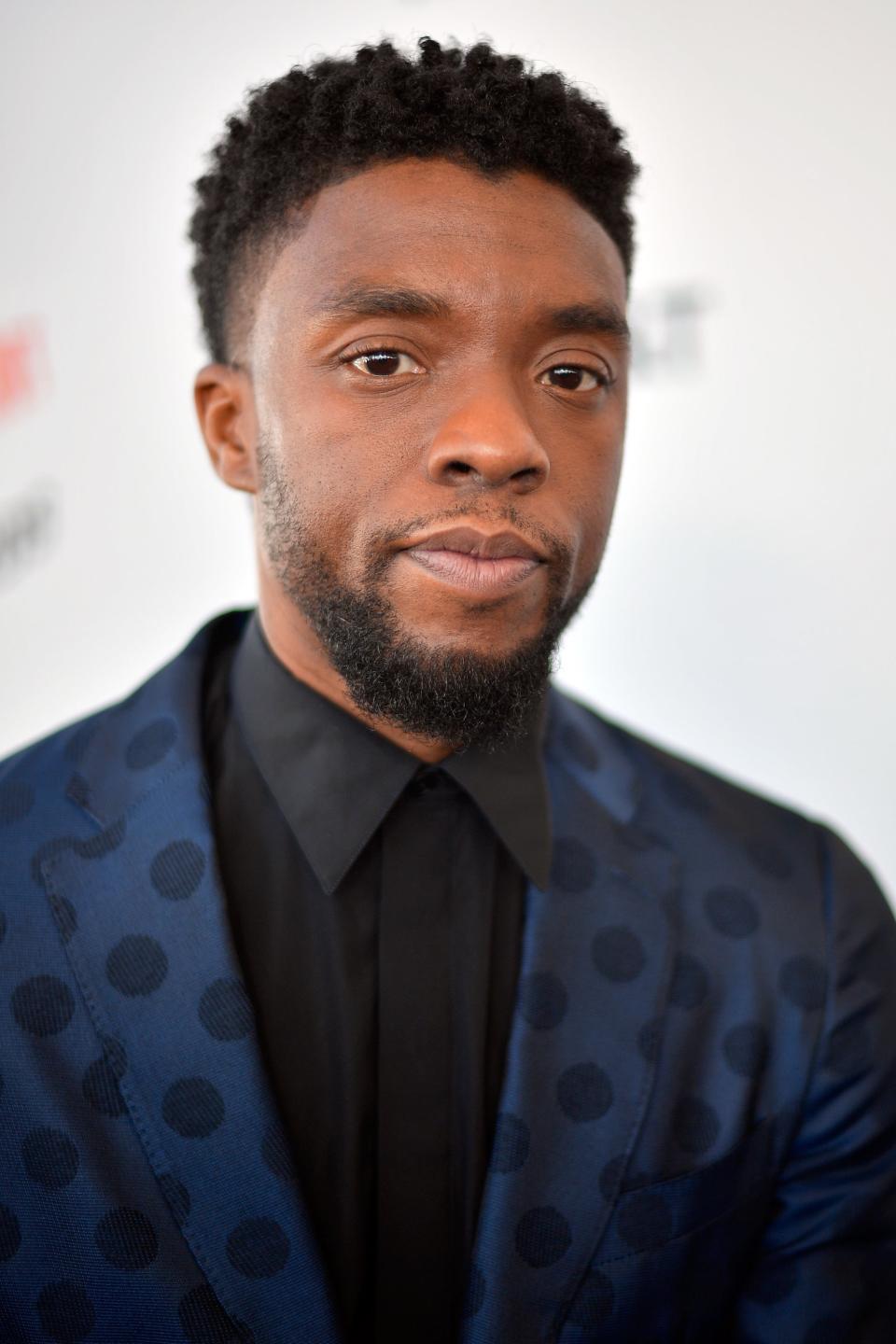 Chadwick Boseman wearing a patterned suit jacket and tie at an event