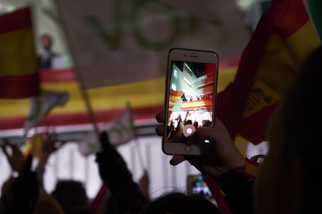 MADRID, SPAIN - NOVEMBER 10: Supporters celebrate far right spanish party Vox  results on general elections on November 10, 2019 in Madrid, Spain.Spain is heading for further political uncertainty as latest results show no majority achieved by either left or right political parties with Pedro Sanchez’s Centre-left PSOE party topping the poll and Santiago Abascal’s far-right Vox party advancing. (Photo by Xaume Olleros/Getty Images)