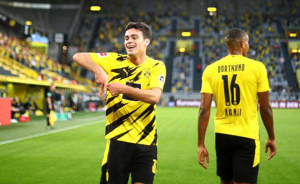 Gio Reyna, the 17-year-old U.S. international, scored his first Bundesliga goal for Borussia Dortmund. (Photo by Dean Mouhtaropoulos/Getty Images)