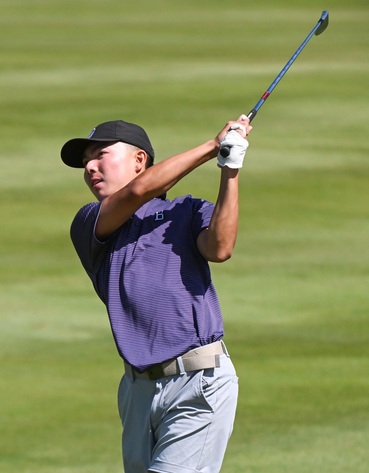 Bloomington South’s Connor Byon hits a shot during the boys’ IHSAA golf state finals at Prairie View Golf Club in Carmel, Ind. on Wednesday, June 12, 2024.