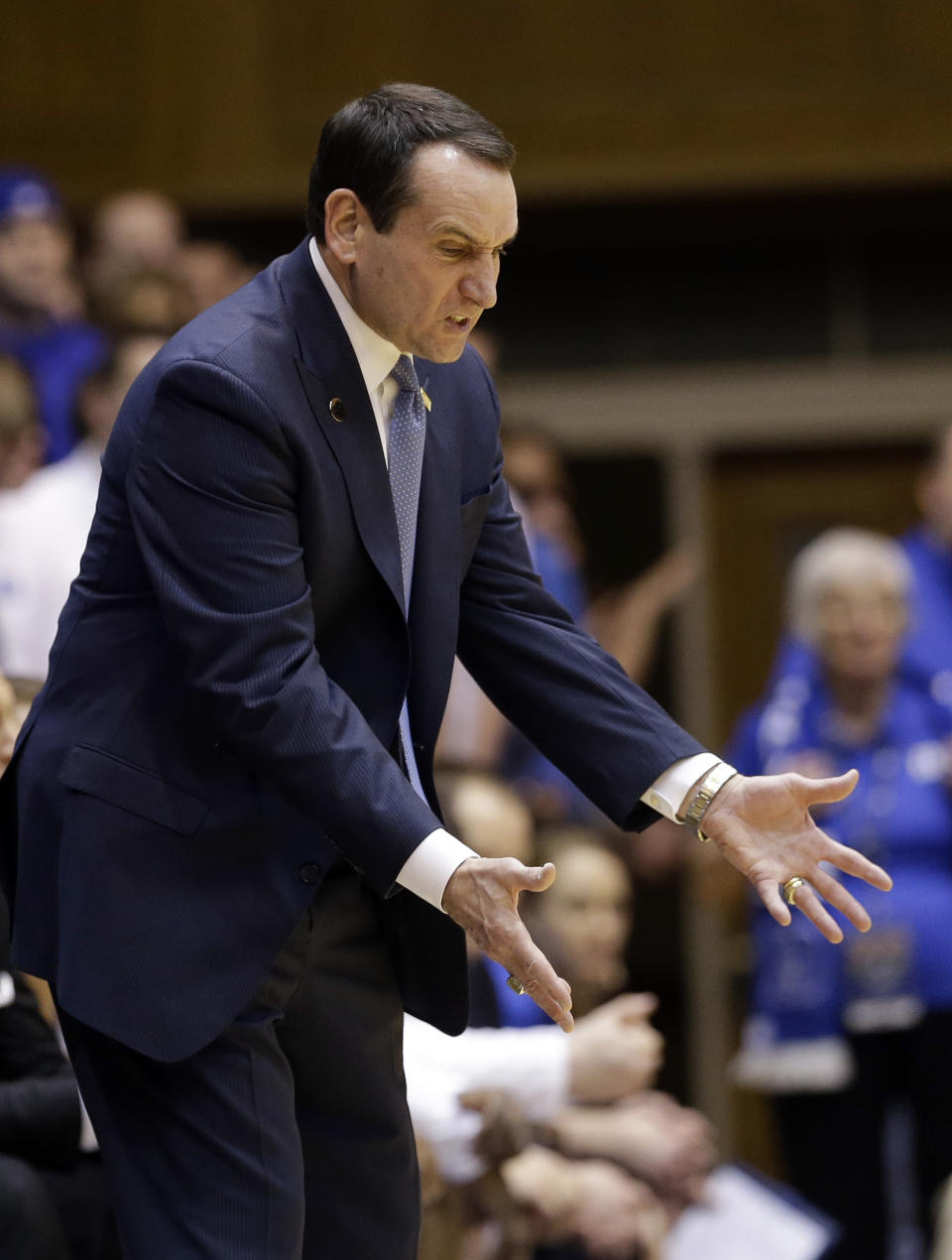 Duke coach Mike Krzyzewski argues with an official during the first half of an NCAA college basketball game against Maryland in Durham, N.C., Saturday, Feb. 15, 2014. Duke won 69-67. (AP Photo/Gerry Broome)