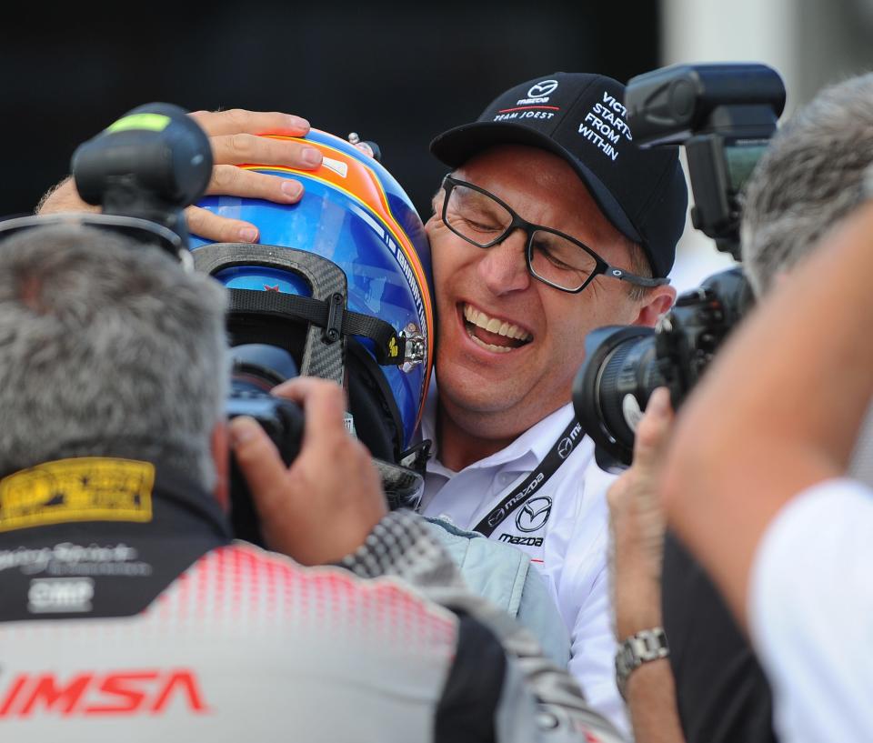 John Doonan, then Mazda Motorsports director, celebrates his team's IMSA victory at Road America in 2019, shortly before becoming president of IMSA.
