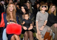 <p>Of course little Nori took to the FROW in all her fashionable glory at New York Fashion Week (and London, and Paris). Her vest looks like it’s straight out of Kanye’s Adidas collection and her green legwarmers are a street style photographer’s dream.</p>