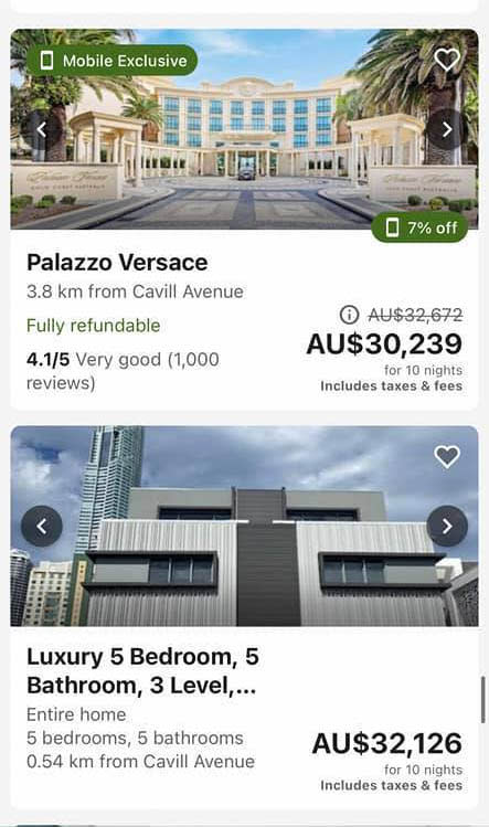 Screenshot from Wotif with two hotels on the Gold Coast priced at over $30,000 for 10 nights.