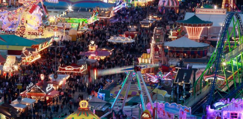 A view of the Oktoberfest beer festival. The fair is held every year at the Theresienwiese, a 4,500,000 sq feet field south of the Munich city centre.