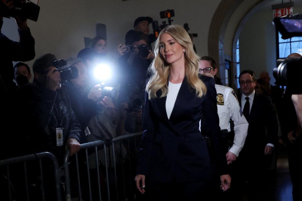 Ivanka Trump arrives at the doors of Judge Arthur Engoron’s courtroom to testify in a fraud trial targeting her family’s business. Cameras are not allowed inside the courtroom. (REUTERS)