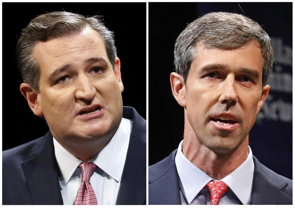 FILE - This combination of Sept. 21, 2018, file photos show Republican U.S. Sen. Ted Cruz, left, and Democratic U.S. Rep. Beto O'Rourke, right, during their first Senate debate in Dallas. Democrats lead Republicans in the money race in many of the key Senate and House campaigns three weeks ahead of midterm elections that will determine control of Congress. O’Rourke set perhaps the most notable mark of the fundraising period, pulling in $38 million for the quarter, more than tripling Republican incumbent Cruz. But underscoring Democrats’ challenging path to a Senate majority, polls show Cruz with a consistent lead nearing double digits. (Tom Fox/The Dallas Morning News via AP, Pool, File)