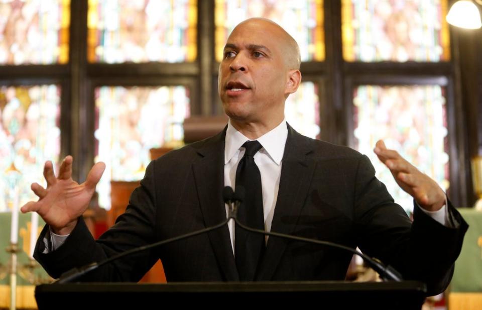 Democratic presidential candidate, Sen. Cory Booker, D-N.J., speaks about gun violence and white supremacy in the sanctuary of Mother Emanuel AME on Wednesday, Aug. 7, 2019, in Charleston, S.C. (AP Photo/Mic Smith) ORG XMIT: SCMS102