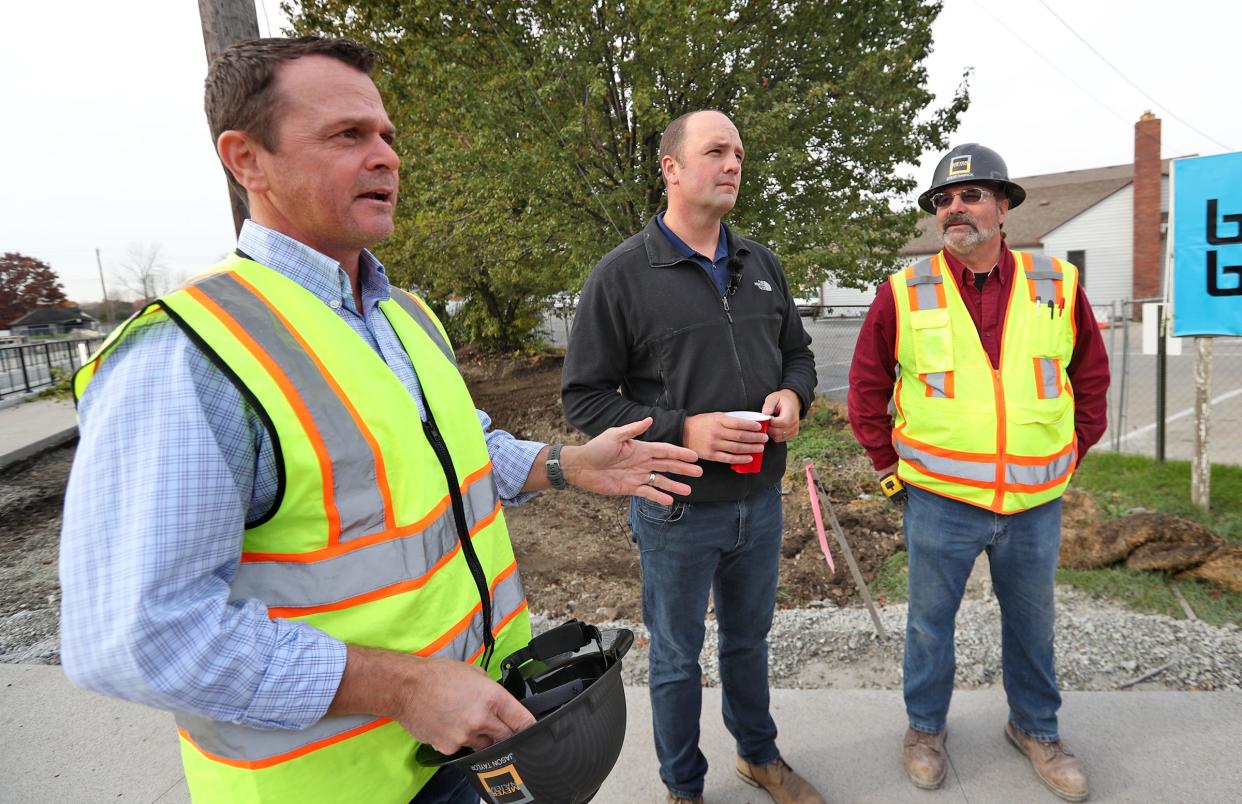 City of Fishers Director of Engineering Jason Taylor, from left, Fishers Mayor Scott Fadness and Meyer Najem Senior Superintendent Steve Hamrick lead a tour of the Nickel Plate Tunnel which runs under 116th Street along the Nickel Plate Trail, Tuesday, Nov. 9, 2021 in Fishers.