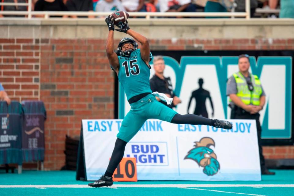 Coastal’s Sam Pinckney pulls down a long pass from Grayson McCall on Saturday against Jacksonville State. Coastal Carolina University takes on Jacksonville State in the chanticleers first home game of the 2023 football season. Sept. 9, 2023.