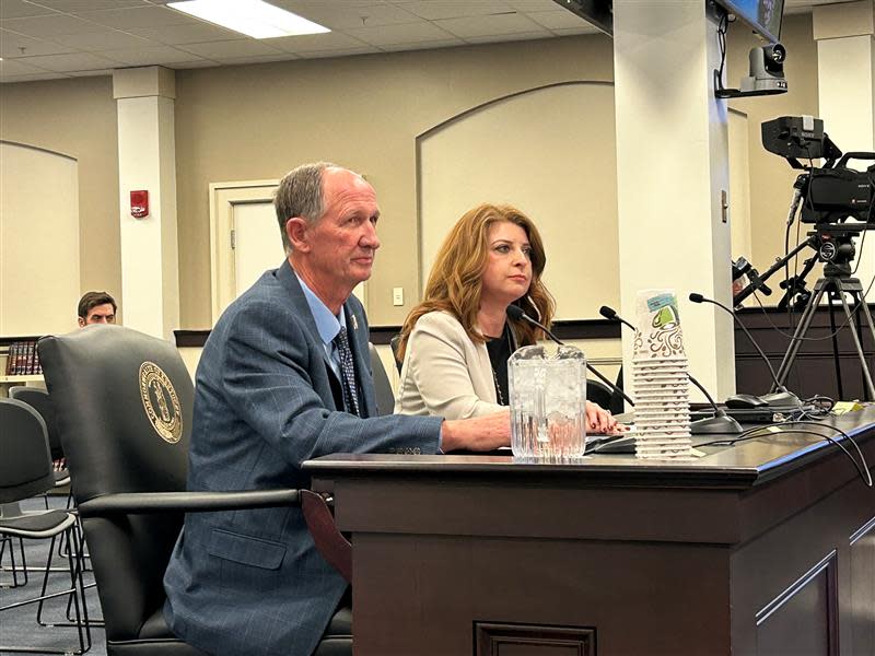 Kentucky Reps. Richard Heath (R-Mayfield) and Rebecca Raymer (R-Morgantown) speak at a committee meeting calling on Gov. Andy Beshear to publicly support Texas Gov. Greg Abbott's "Operation Lone Star." Jan. 30, 2024