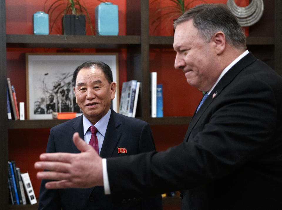 Secretary of State Mike Pompeo, right, and Kim Yong Chol, a North Korean senior ruling party official and former intelligence chief, walk from a photo opportunity at the The Dupont Circle Hotel in Washington, Friday, Jan. 18, 2019. (AP Photo/Carolyn Kaster)