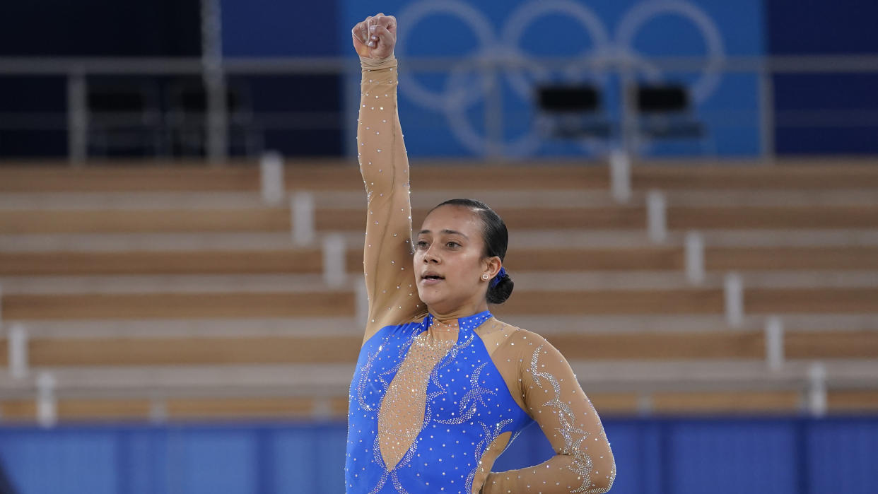 Costa Rica's Luciana Alvarado ended her floor routine with a tribute to Black Lives Matter. (AP Photo/Ashley Landis)