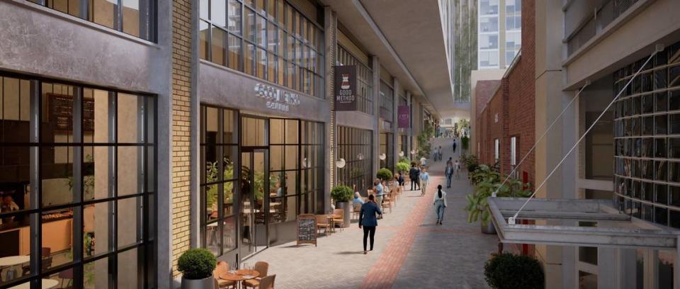 A rendering of the “Creamery Alley” coming to the mixed-use project in Glenwood South, Raleigh.