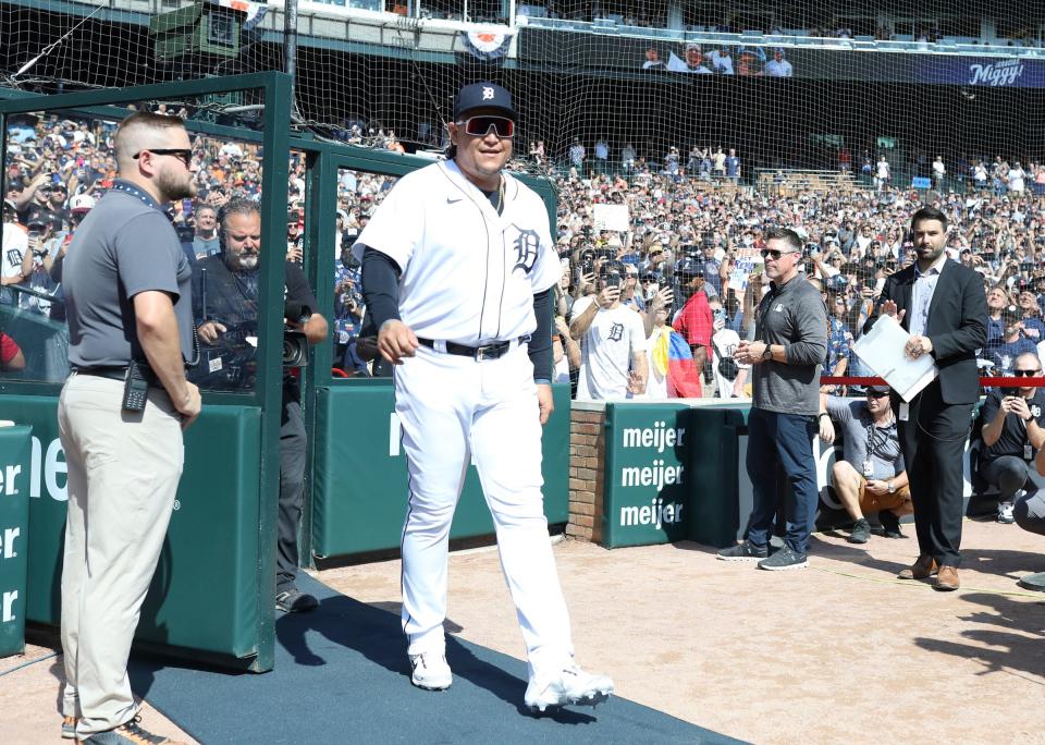Detroit Tigers designated hitter Miguel Cabrera (24) walks out for pregame ceremonies in his honor at Comerica Park in Detroit on Saturday, Sept. 30, 2023.
